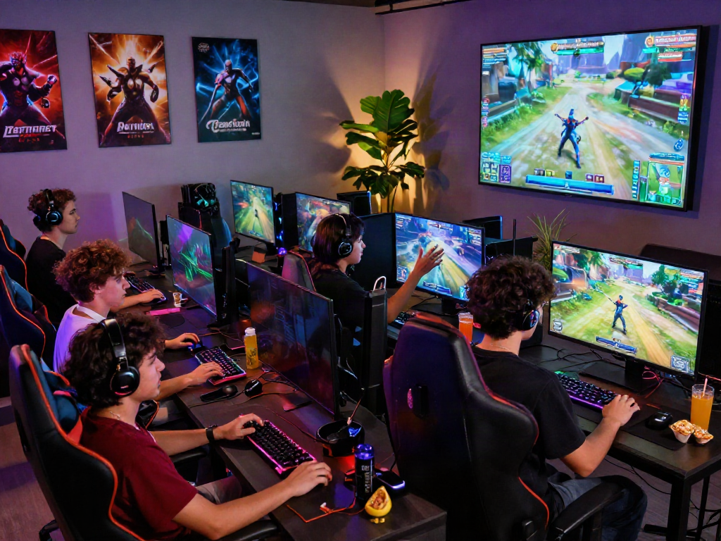 Engaged friends playing porn games in a vibrant gaming lounge with RGB lighting.