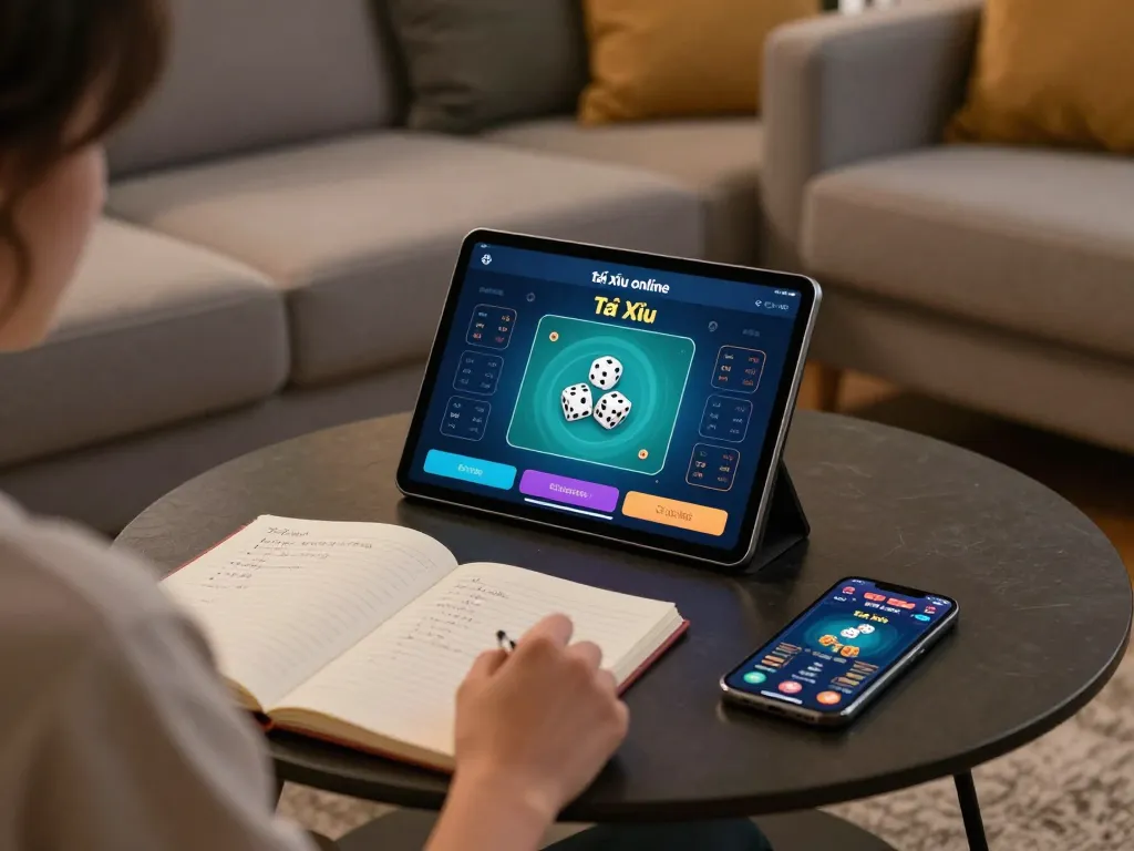Engaging gameplay on app tài xỉu online from a cozy home setting, with strategies noted beside a tablet.