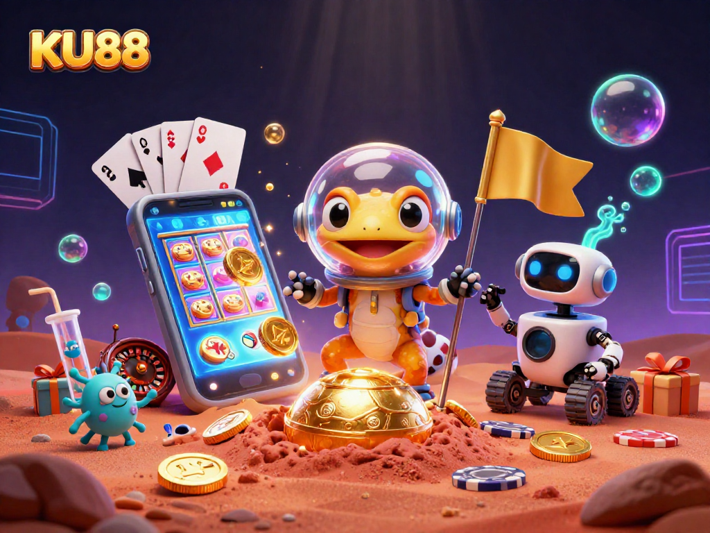Experience thrilling wins at KU88 with a 3D Martian gecko in a cosmic casino adventure.