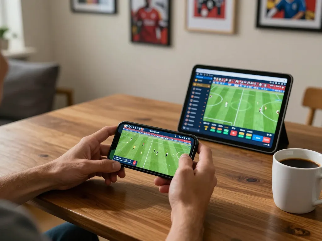 Socolive's dynamic sports betting process, showing a smartphone with live football streaming options and betting stats enhancing viewer experience.