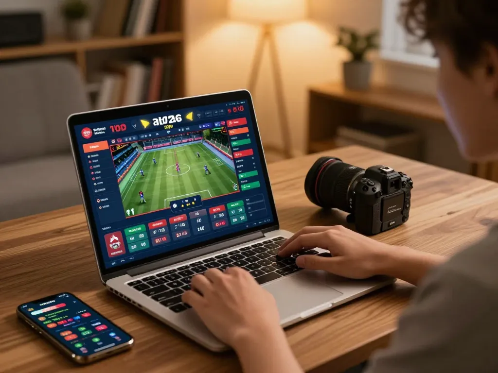 Engaging in sports betting at home, highlighting trang chủ F168 in a vibrant online gaming setup.