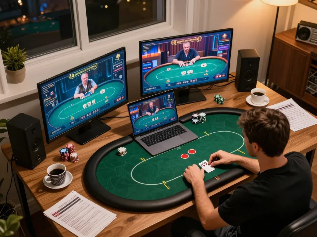 Watch players strategize on their laptops at home while engaging with https://net88.wtf/ online poker.