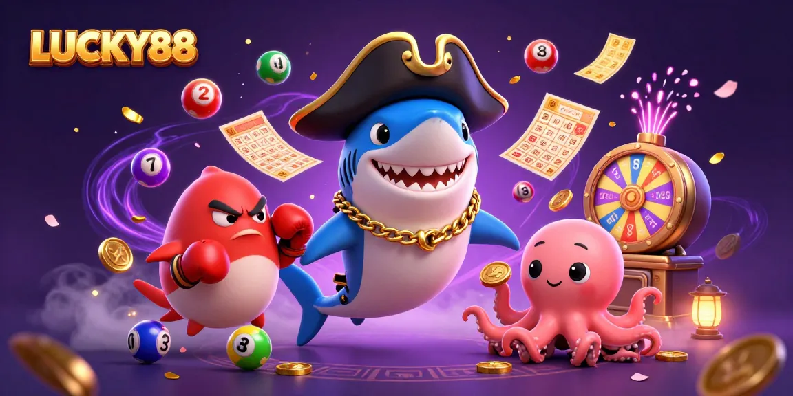 Spin to win with LUCKY88 as pirate shark and friends gather coins and prizes in a vibrant casino atmosphere.