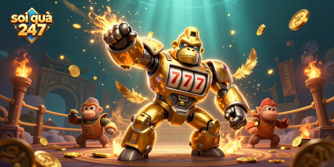 Soi cầu 247 featuring a golden gorilla mech and dynamic gambling elements in a vibrant scene.