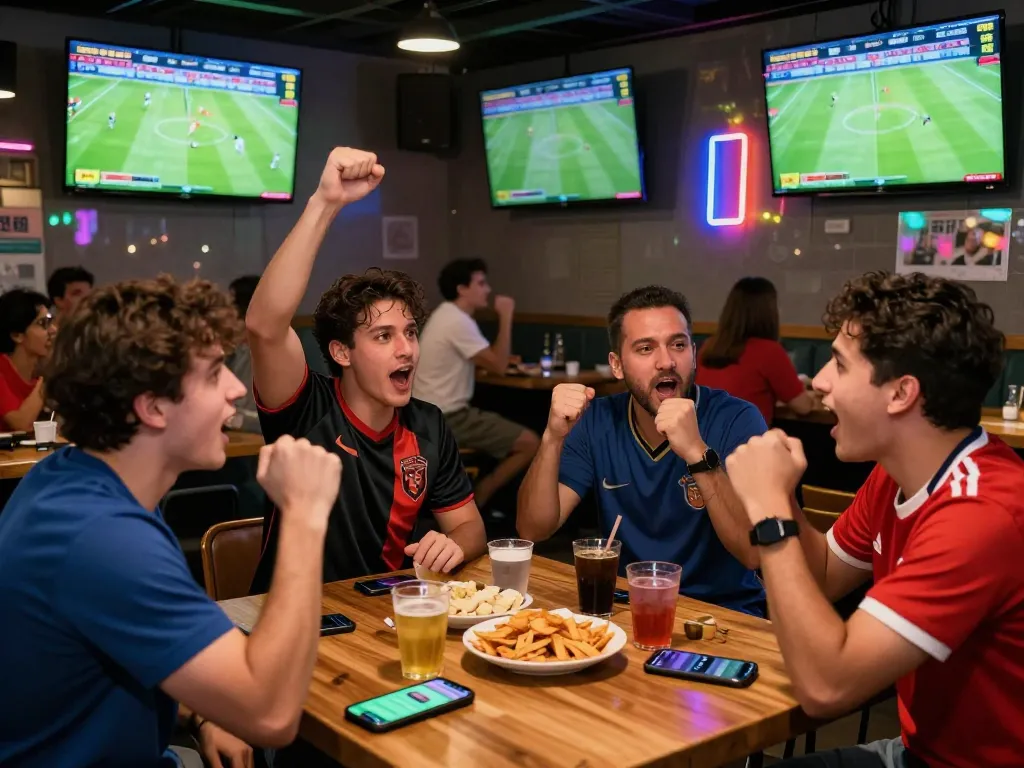 Bóng đá kèo nhà cái scene in a lively sports bar with fans cheering and betting.