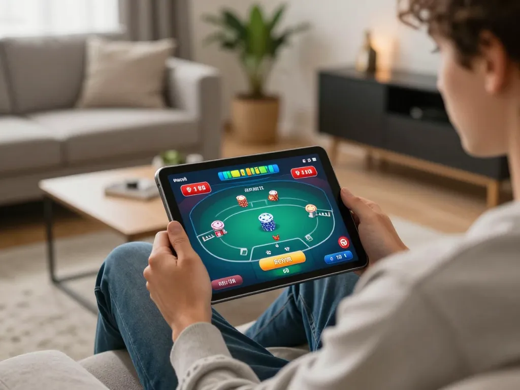 Player enjoying online oxbet poker game on tablet in a cozy home setting