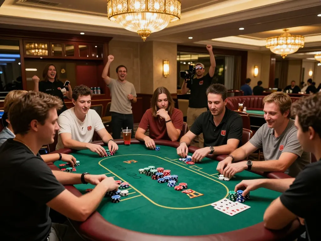 Players strategizing their bets in a vibrant poker room at kp88 casino, showcasing engagement and excitement.