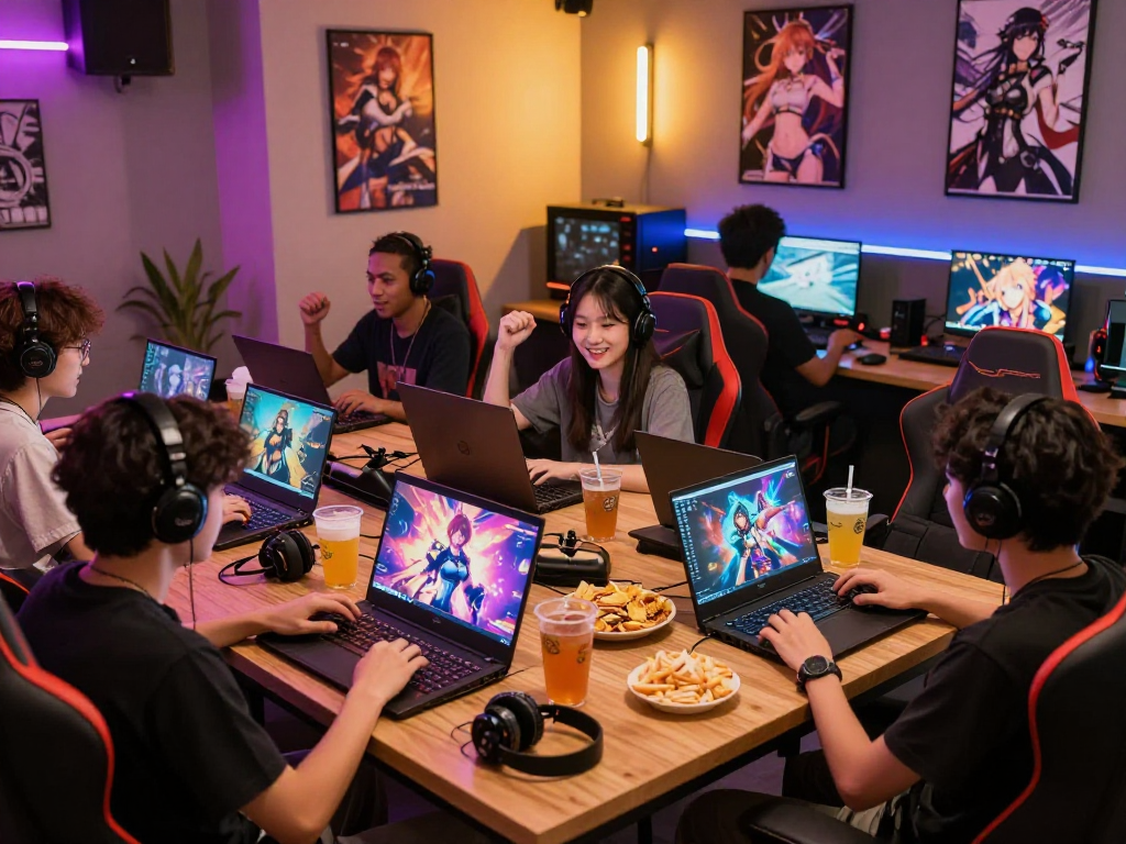 Players enjoying hentai games in a vibrant gaming lounge, showcasing a lively atmosphere and camaraderie.