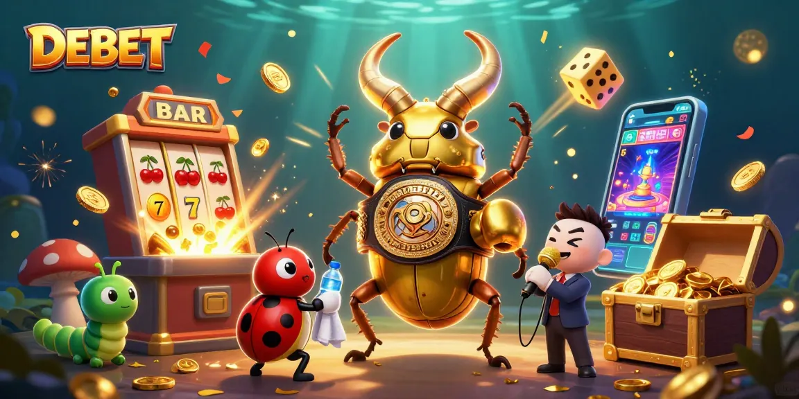 Engaging DEBET online casino scene with a golden stag beetle boxing and vibrant casino elements.