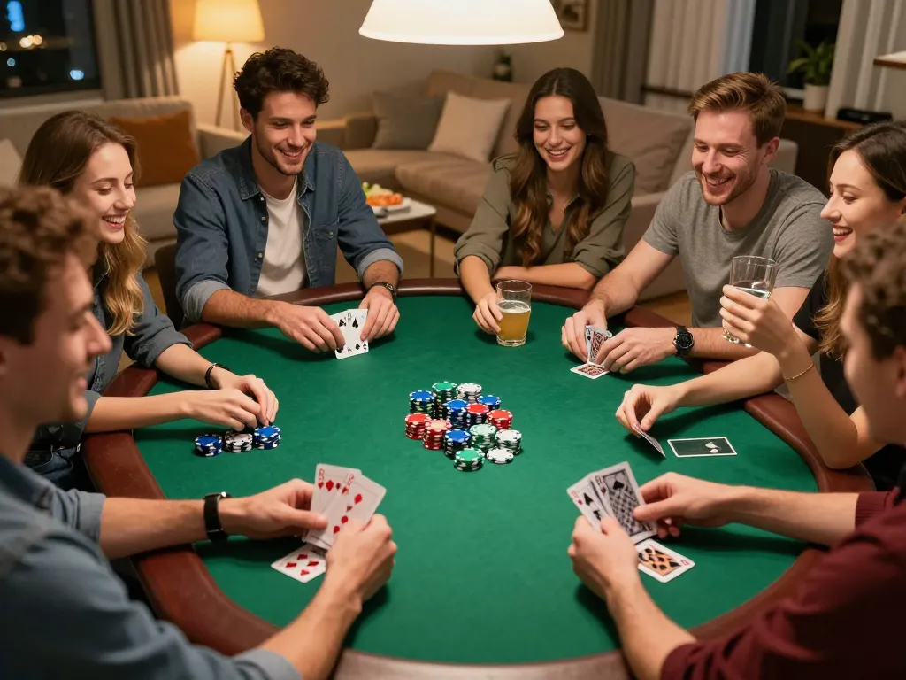 Tải App 98WIN while celebrating wins at a lively home poker game.
