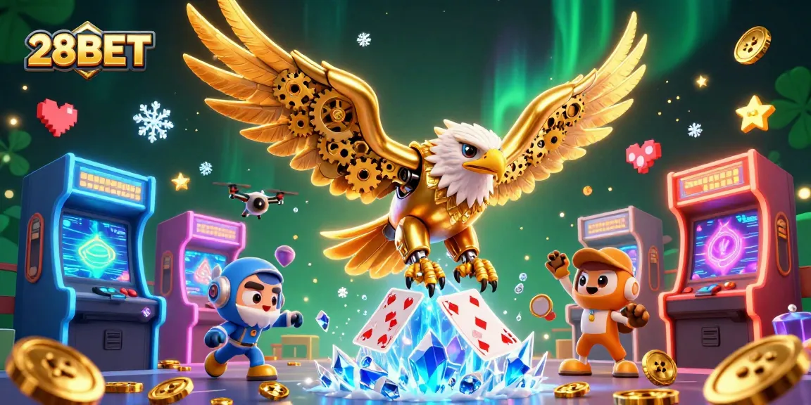 Experience thrilling action at 28BET with a golden eagle soaring through holographic cards and arcade machines.