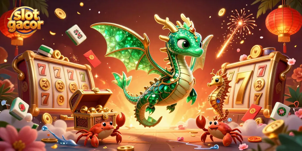 Slot gacor menang besar dengan karakter naga laut dan simbol slot berwarna cerah.