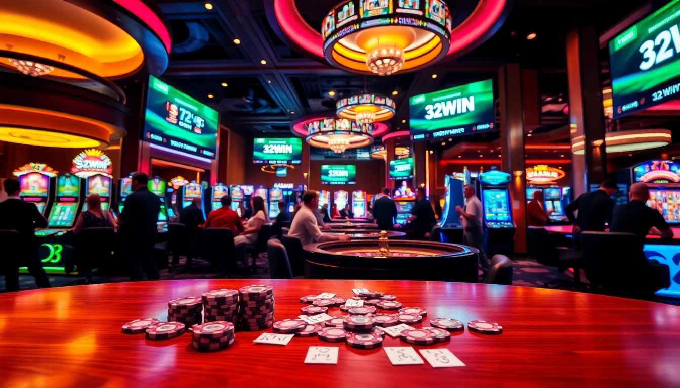 Winning big at 32WIN casino, surrounded by vibrant slot machines and roulette tables.