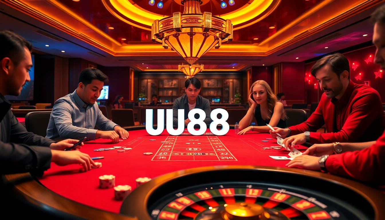 Intensely engaging poker game with UU88 branding, showcasing players' excitement.
