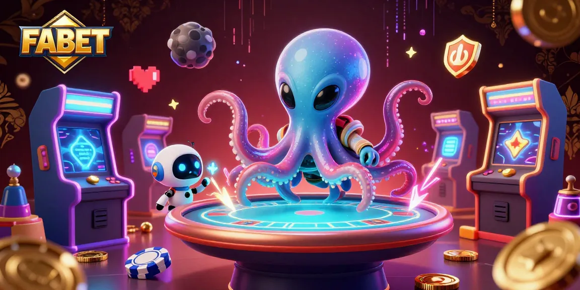Experience thrilling gameplay with FABET’s vibrant alien octopus at a holographic poker table surrounded by interactive elements.