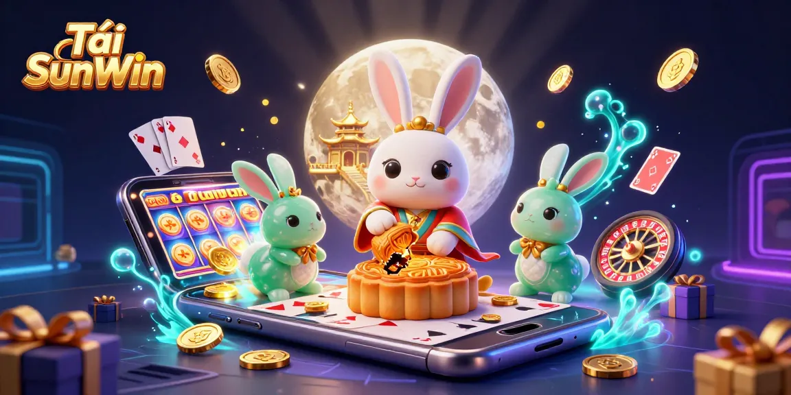 Play slots and win big with Tải SunWin, featuring a vibrant digital scene of a magical moon rabbit and casino elements.