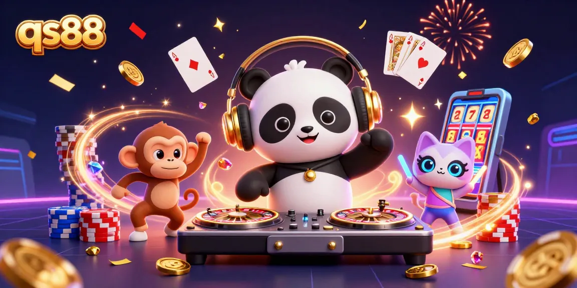 qs88 spins to victory with a DJ panda, dancing monkey, and rave kitten among golden casino treasures.