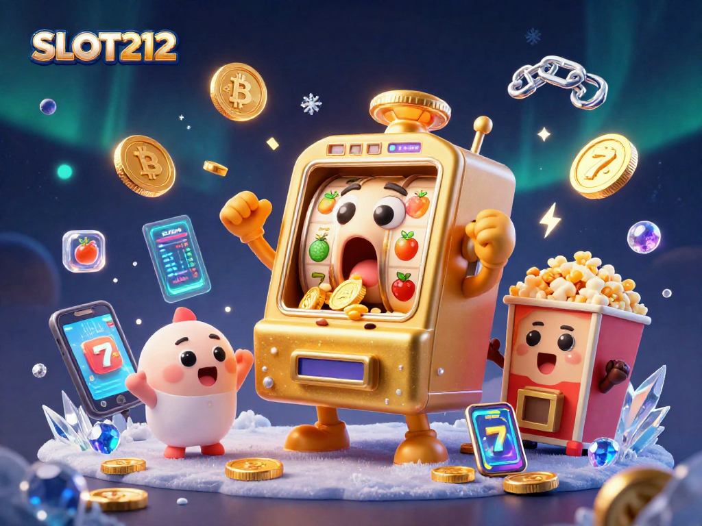 SLOT212 slot machine celebrates a jackpot with coins pouring out and cheers from smaller machines.