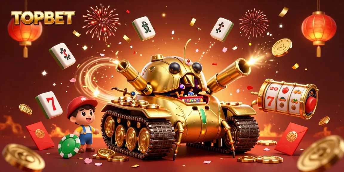 Engage with TOPBET's thrilling casino experience featuring a golden beetle tank and animated elements.