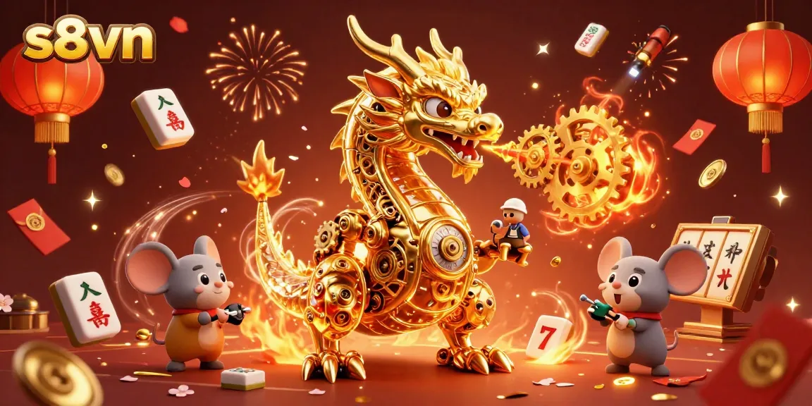 Experience the excitement of s8vn's online casino with this dynamic illustration of a dragon and engineering mouse.