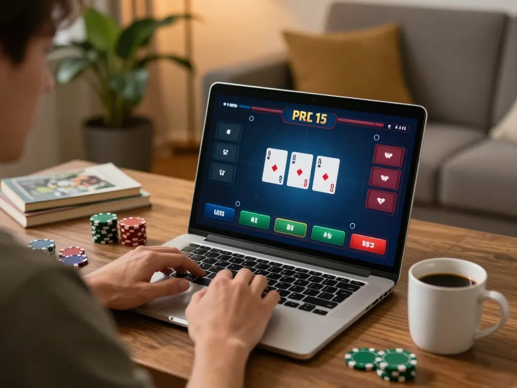 Player strategizing gameplay at https://vsc88.co/ on a laptop in a cozy home setting, focused on poker
