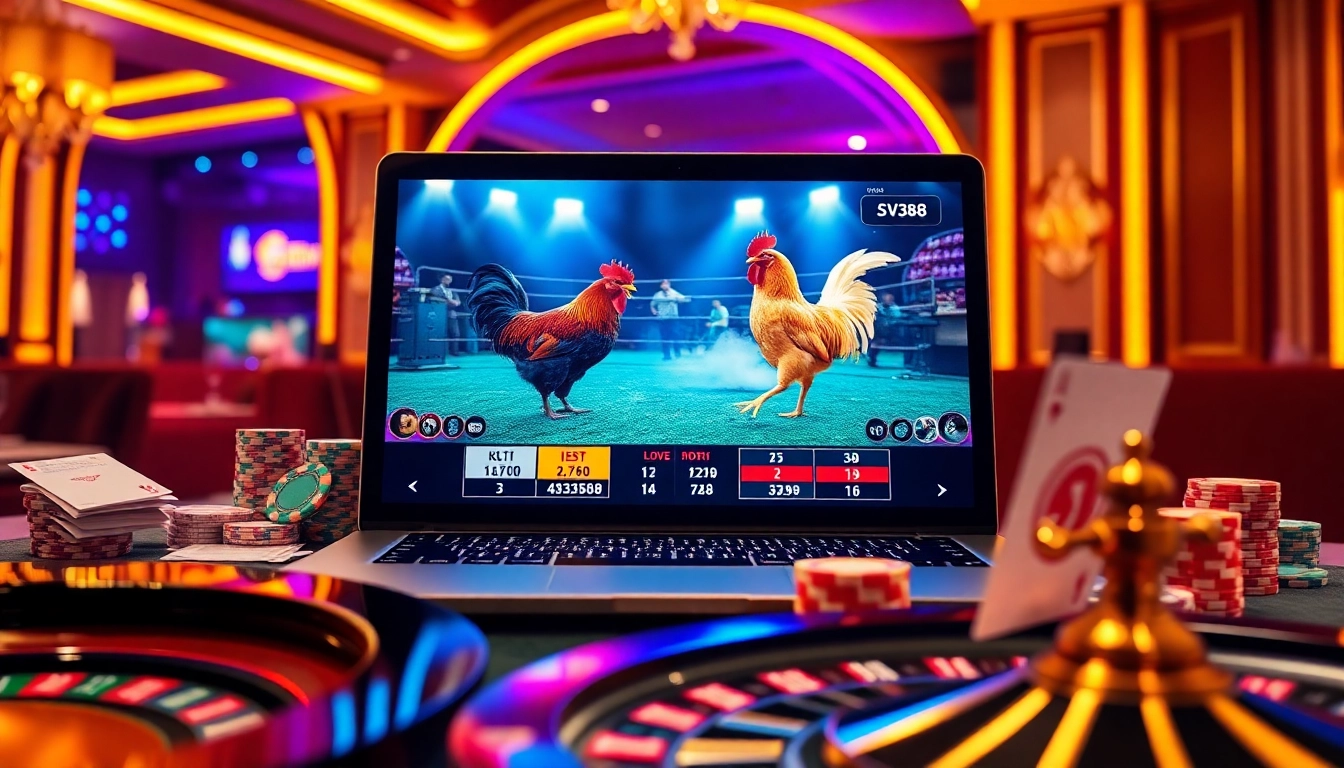 SV388 live cockfighting platform with vibrant betting and luxurious ambiance.