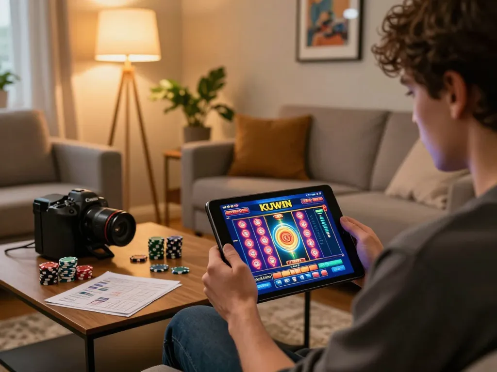 Kuwin user engaging in online slots gameplay in a cozy setting, showcasing responsible gambling atmosphere.