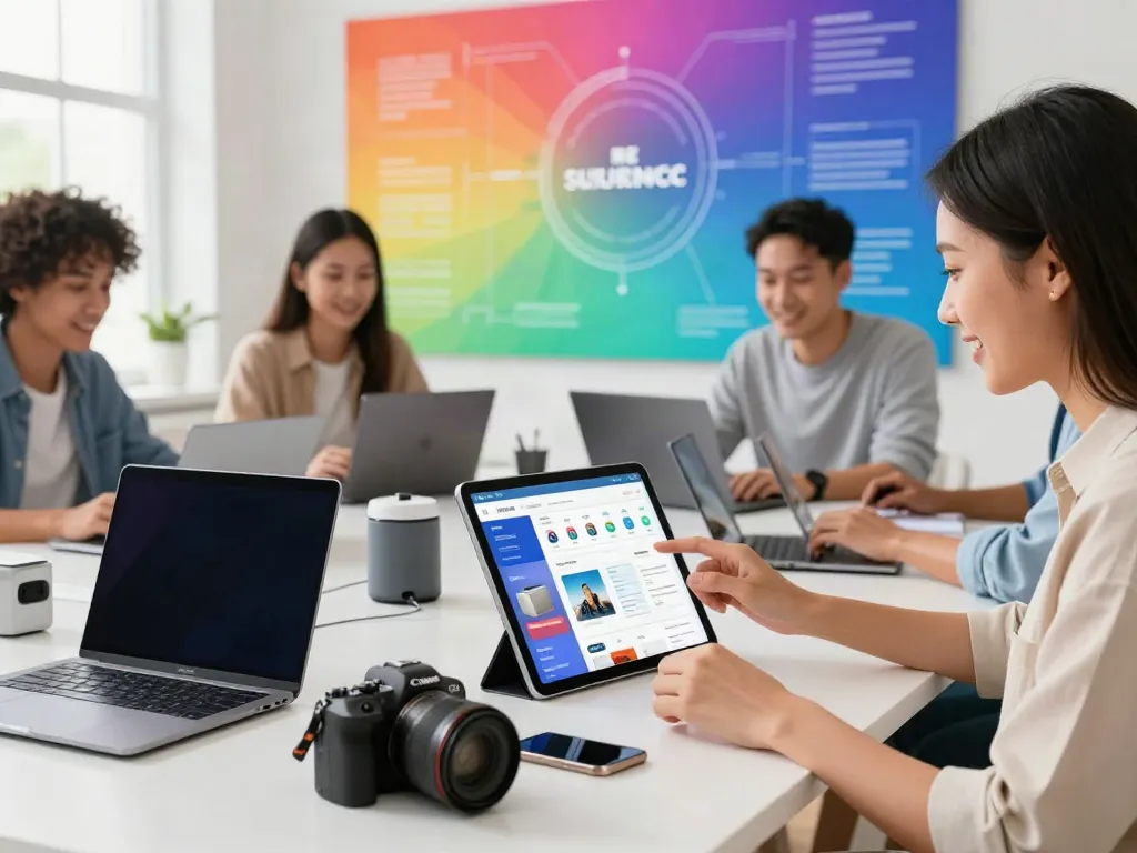 Excited buyers and suppliers using rokok88 for electronic gadgets in a vibrant e-commerce setting.