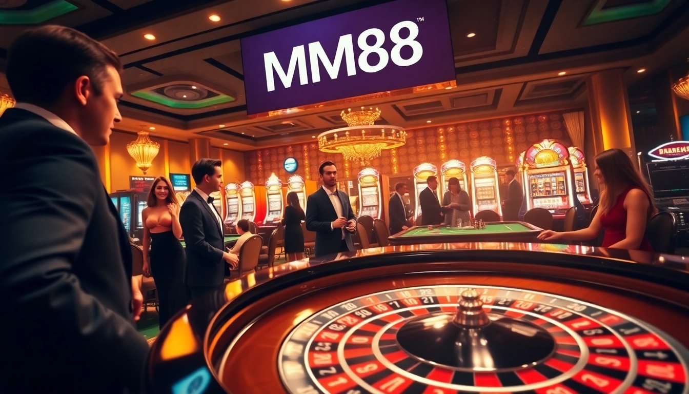 Players enjoying a thrilling game at MM88 casino, featuring vibrant roulette and sleek slot machines.