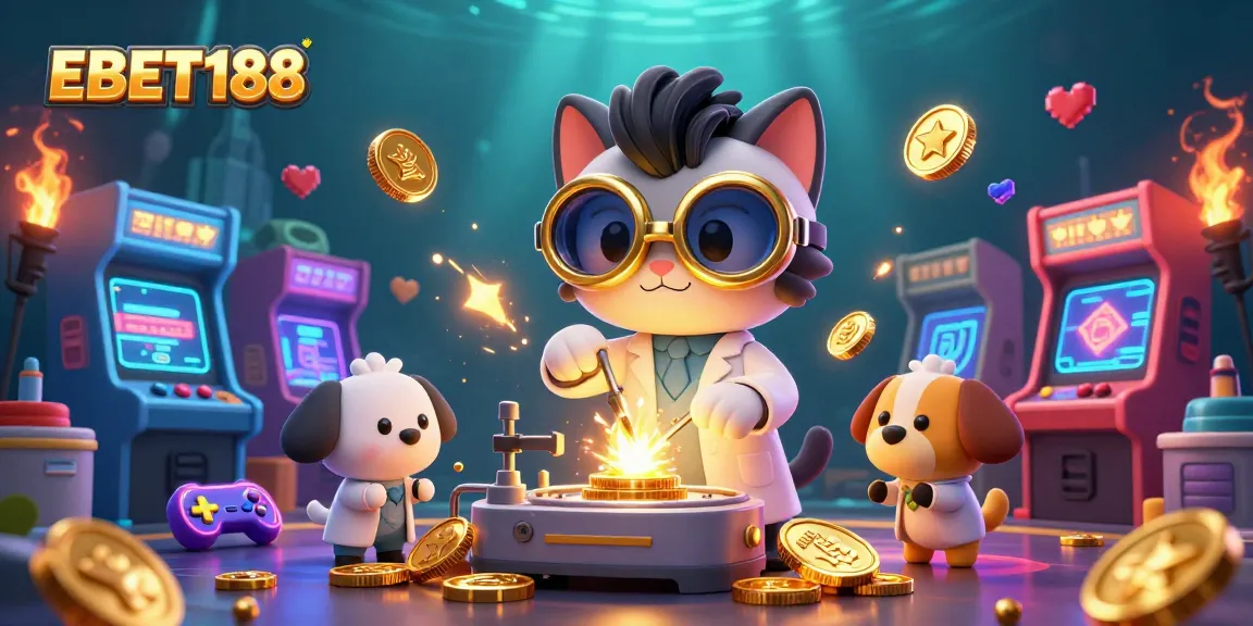 Engage with EBET188's exciting slots in a vibrant, animated casino scene with action-packed characters.