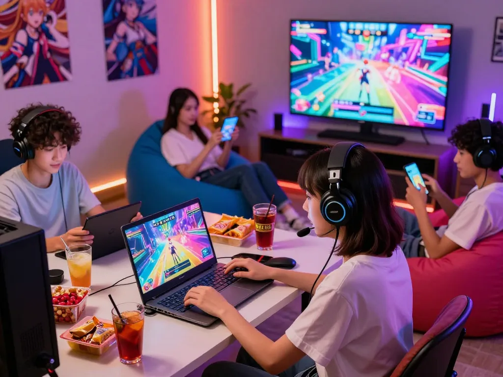 Engaged players enjoying hentai games on various devices in a cozy gaming setup.