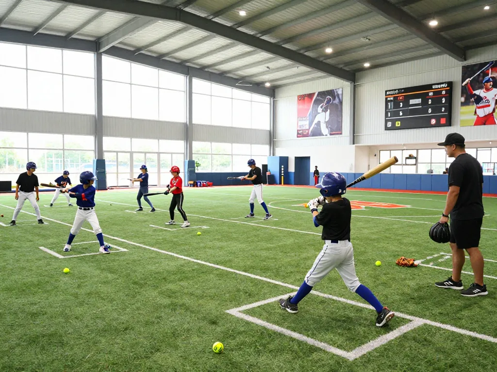 Hitclub indoor baseball training scene with young athletes practicing skills in a bright sports facility.