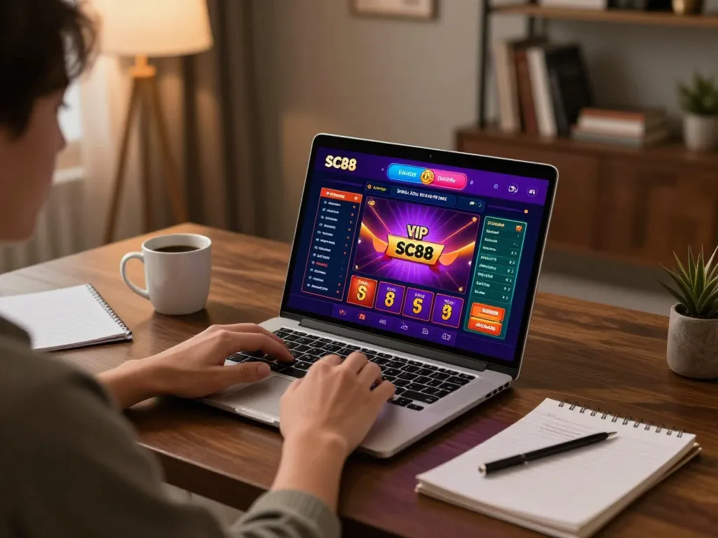 Experience SC88 VIP gaming on a sleek laptop in a cozy home office, showcasing vibrant online betting.
