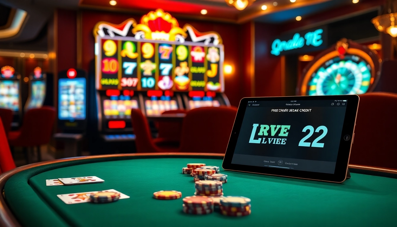 Engaging in lively online gambling with free credit live22, featuring vibrant slot machines and poker tables.