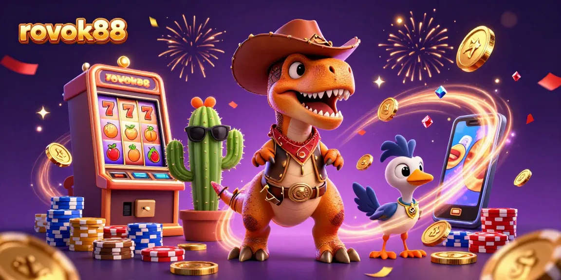 Experience rokok88 with fun characters in a vibrant casino scene showcasing vibrant slots and poker elements.
