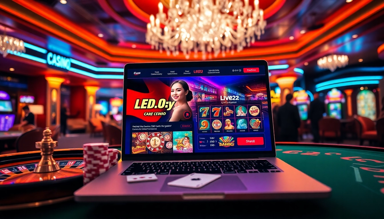 Engage in thrilling games with free credit live22 at a luxurious casino setting featuring poker chips and slot machines.