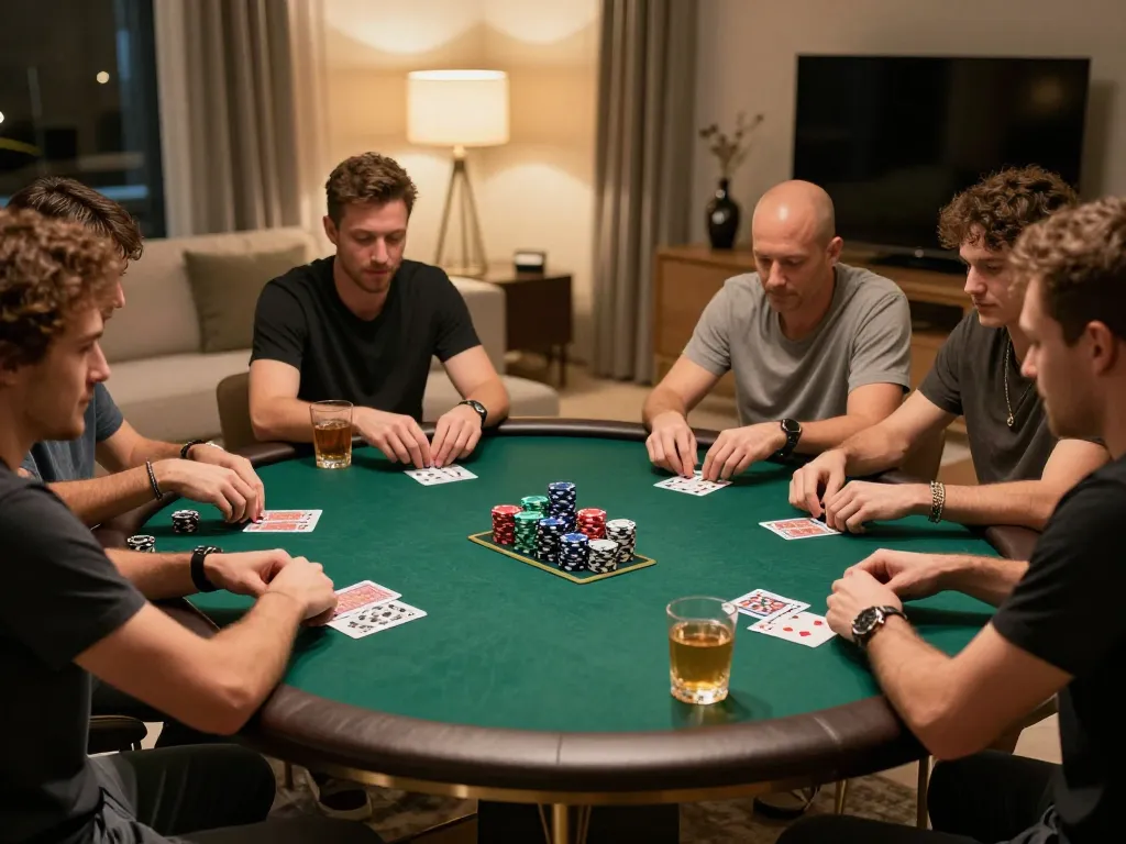Players enjoying a poker game with U888 chips at an elegant home setup