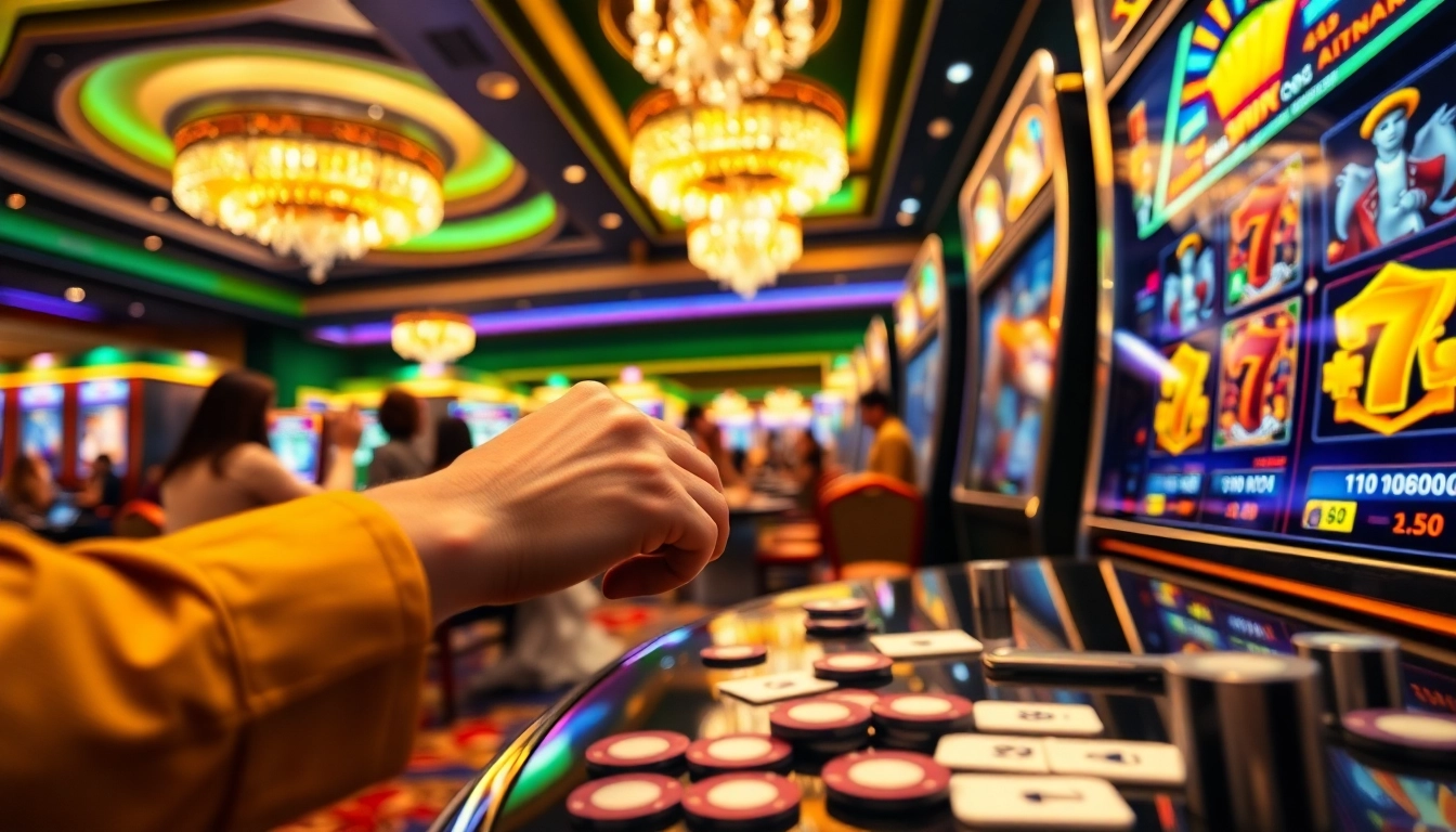 Exciting slot deposit pulsa action captured in a luxurious casino setting with vibrant slot machines.