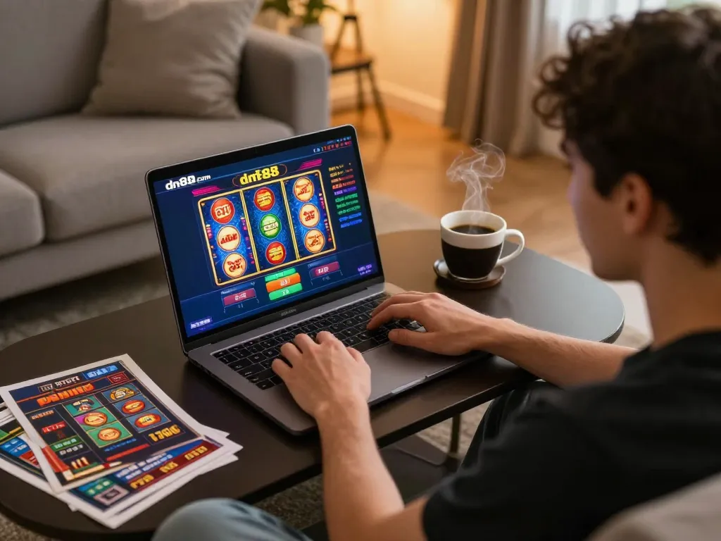 Player engaged in online gaming on dn88 com, showcasing vibrant slot game interface and cozy home atmosphere.