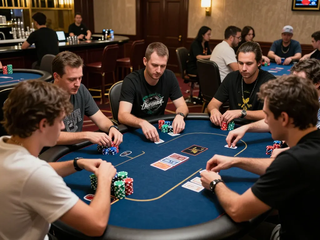 Players engaging in high-stakes poker at TX88 casino tournament, with colorful chips and cards creating an exciting atmosphere.