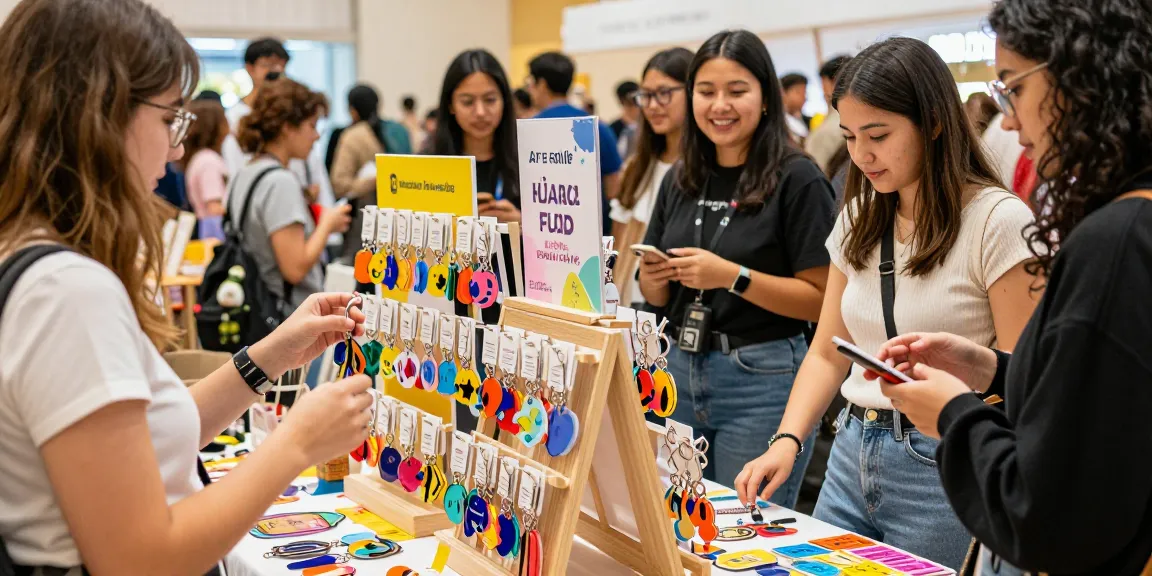 Exciting shopping scene showcasing vibrant custom keychains and happy customers.