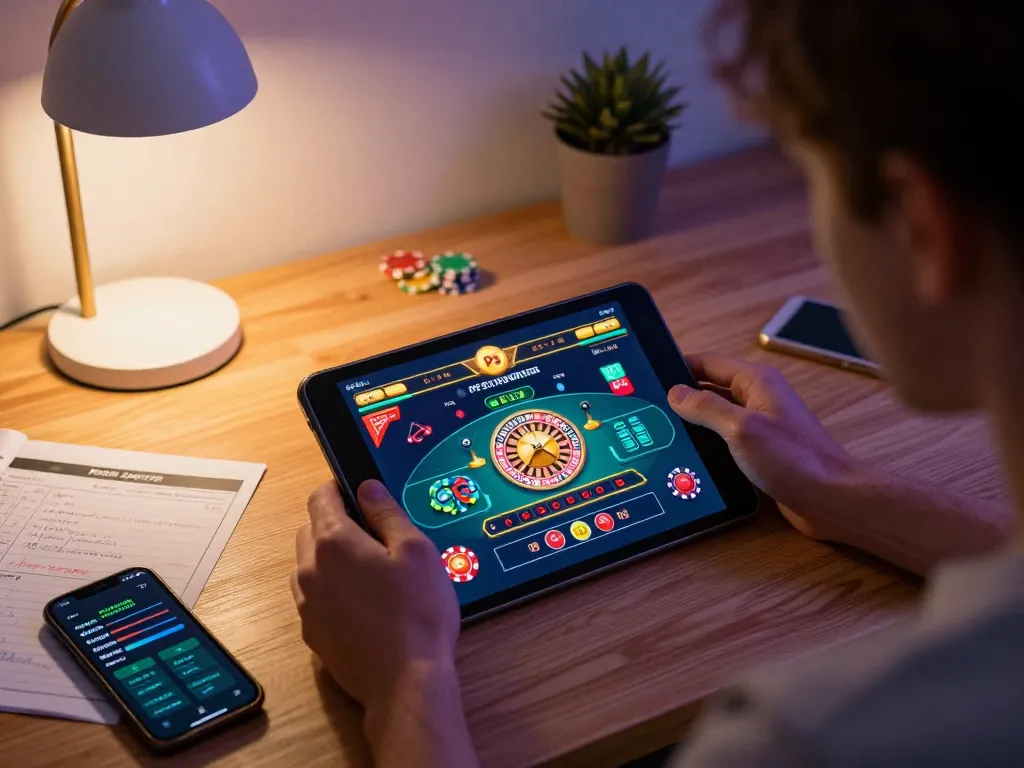 P3 player engaging in online casino gameplay with tablet, chips visible on screen, cozy home setting.