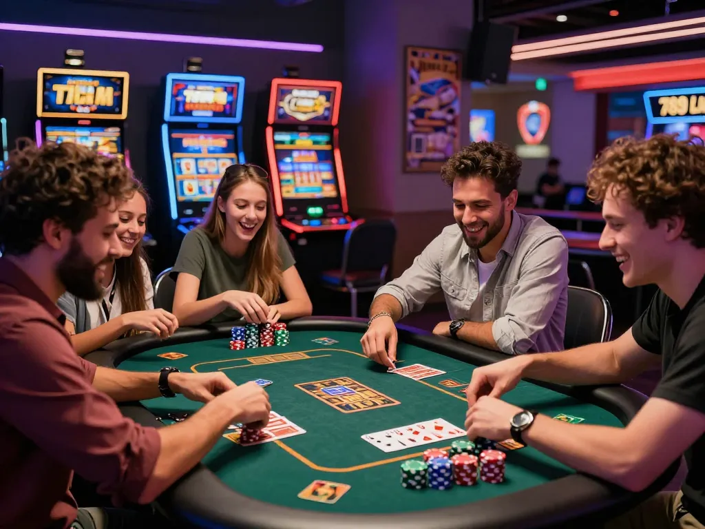 Friends enjoying a lively game night at 789 club casino, surrounded by colorful chips and glowing slot machines.