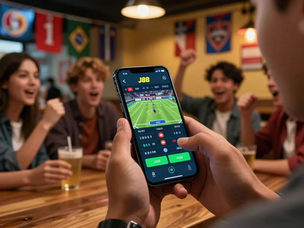 Engaging with J88 app for sports betting on smartphone in lively bar atmosphere