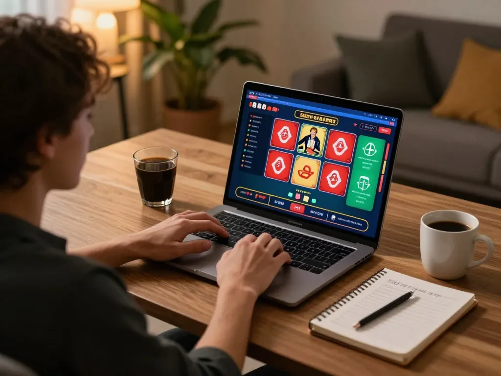 Engaging in online gambling at home using https://vin88.is/ showcasing a laptop with casino game interface and strategic notes.