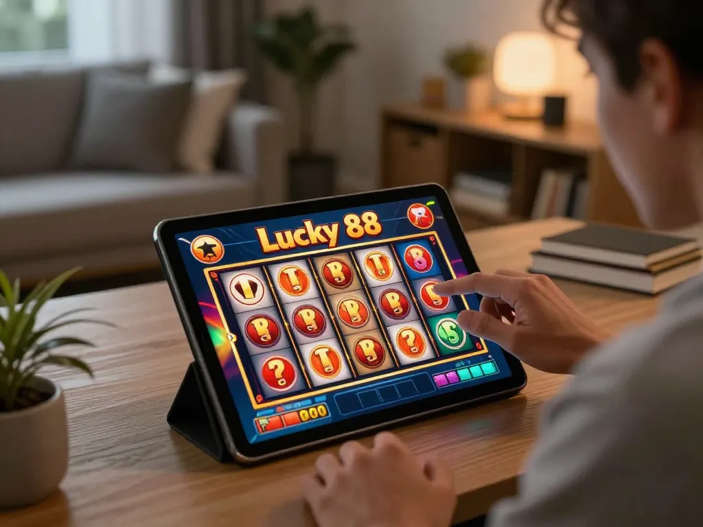 Player spinning the reels of the Lucky 88 slot game on a tablet while enjoying a cozy home setup.