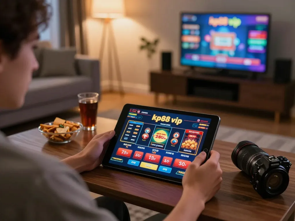 Experience thrilling kp88 vip gameplay on a tablet in a cozy living room, showcasing an engaging online casino atmosphere.