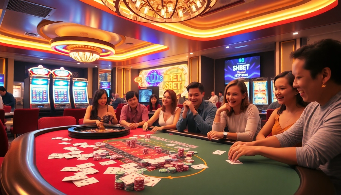 SHBET gamblers engaged in a thrilling casino experience at an upscale table.