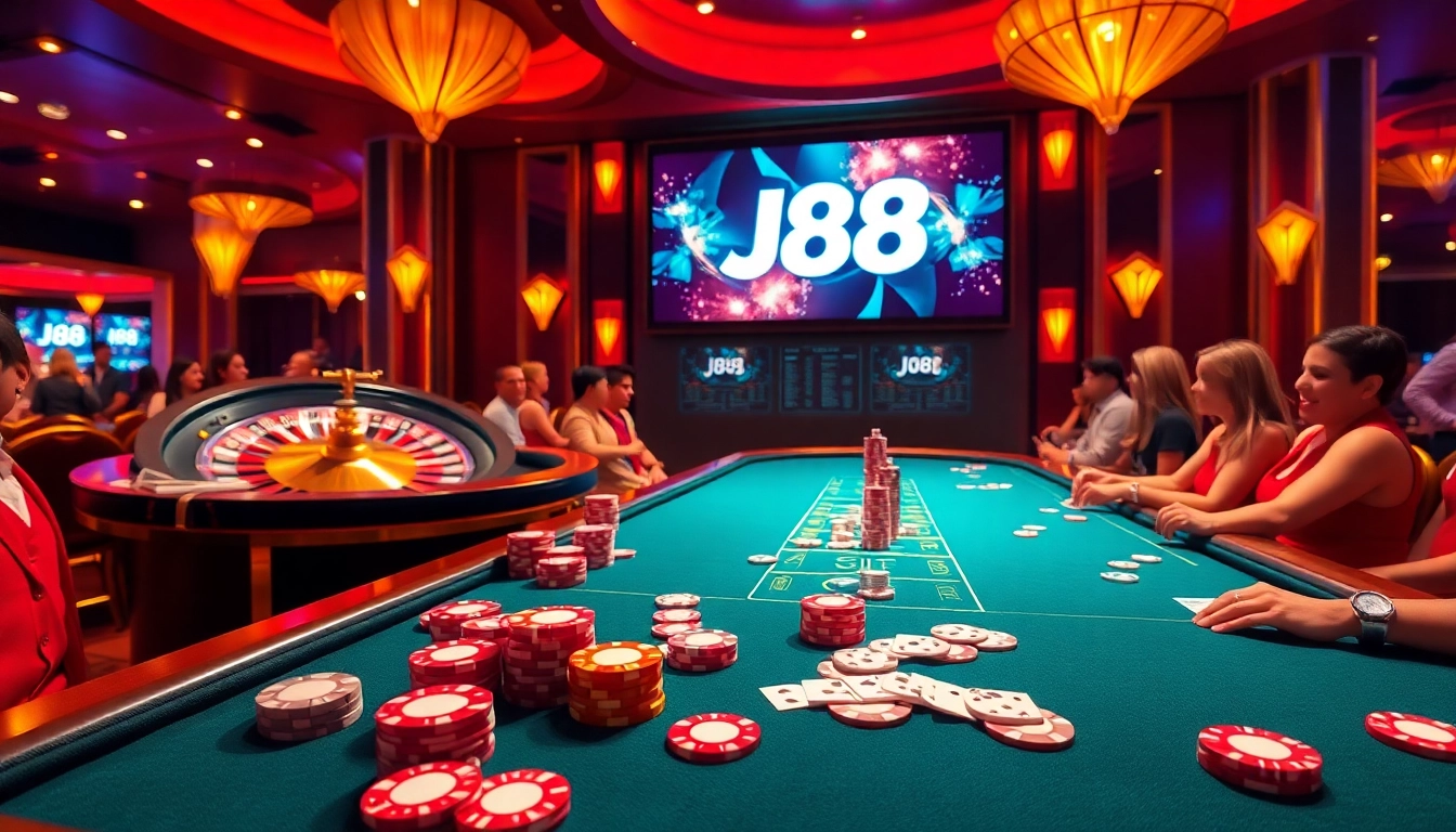 Experience high-stakes poker at J88 casino with players and vibrant chips.