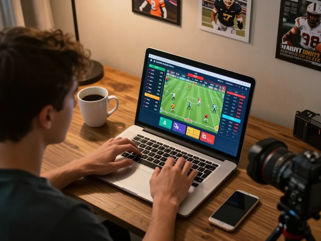 Socolive user placing bets on laptop, excitement in online sports betting.